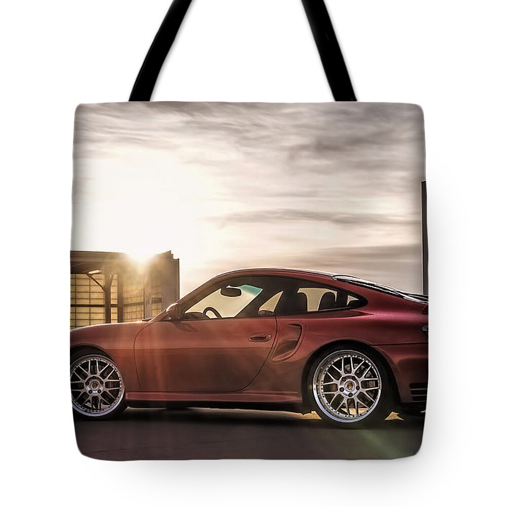 Porsche Tote Bag featuring the digital art Sunset Red by Douglas Pittman