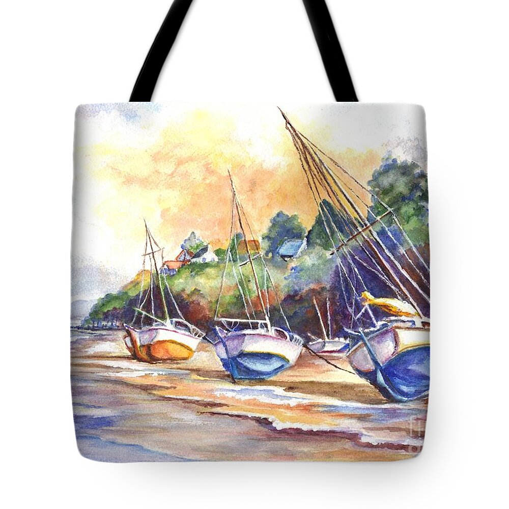 Hand Painted Tote Bag featuring the painting Sunset Sail on Brittany Beach by Carol Wisniewski