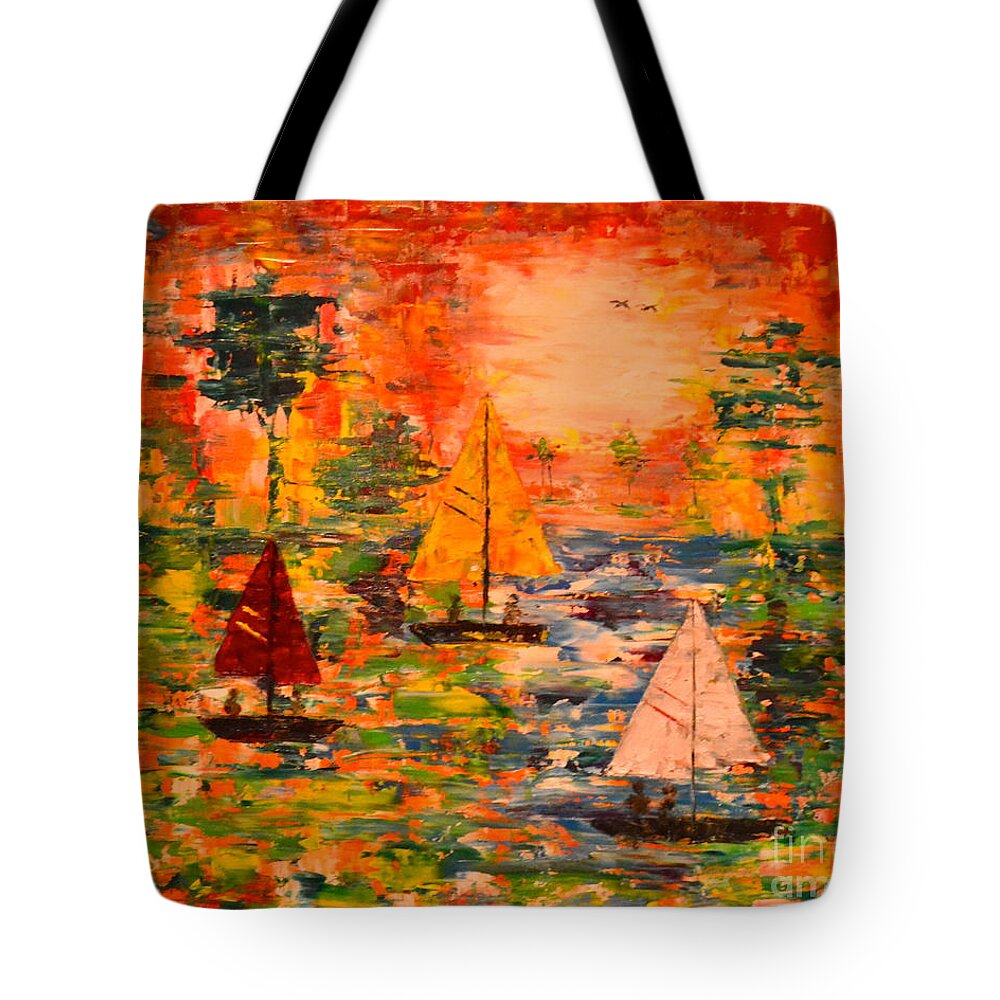 Abstract Tote Bag featuring the painting Sunset Sailing by Denise Tomasura