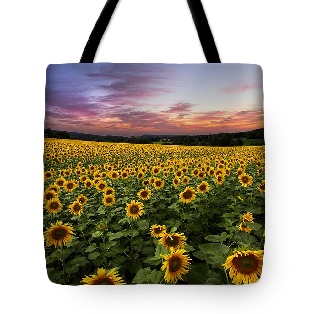 Appalachia Tote Bag featuring the photograph Sunset Sunflowers by Debra and Dave Vanderlaan