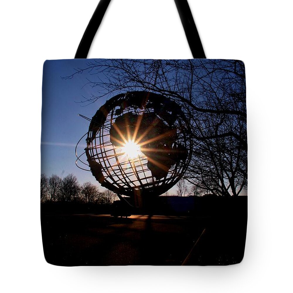 Unisphere Tote Bag featuring the photograph Sunset Through The Unisphere by Karen Silvestri