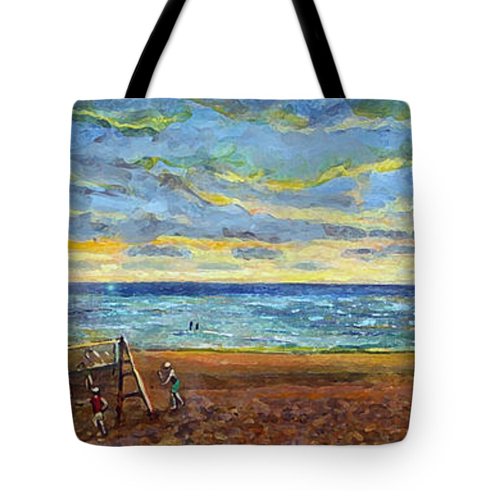 Old Silver Beach Tote Bag featuring the painting Sunset Volleyball at Old Silver Beach by Rita Brown