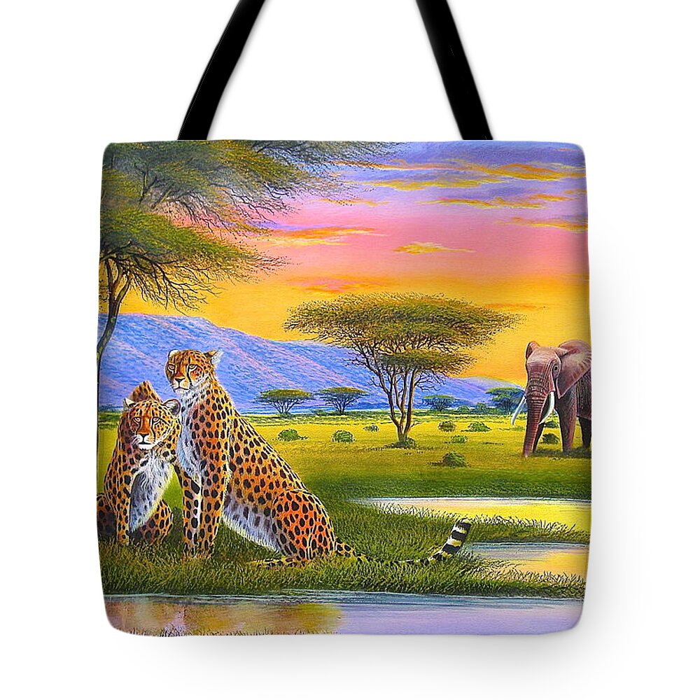 African Paintings Tote Bag featuring the painting Sunset Watch by Jane Wanjeri