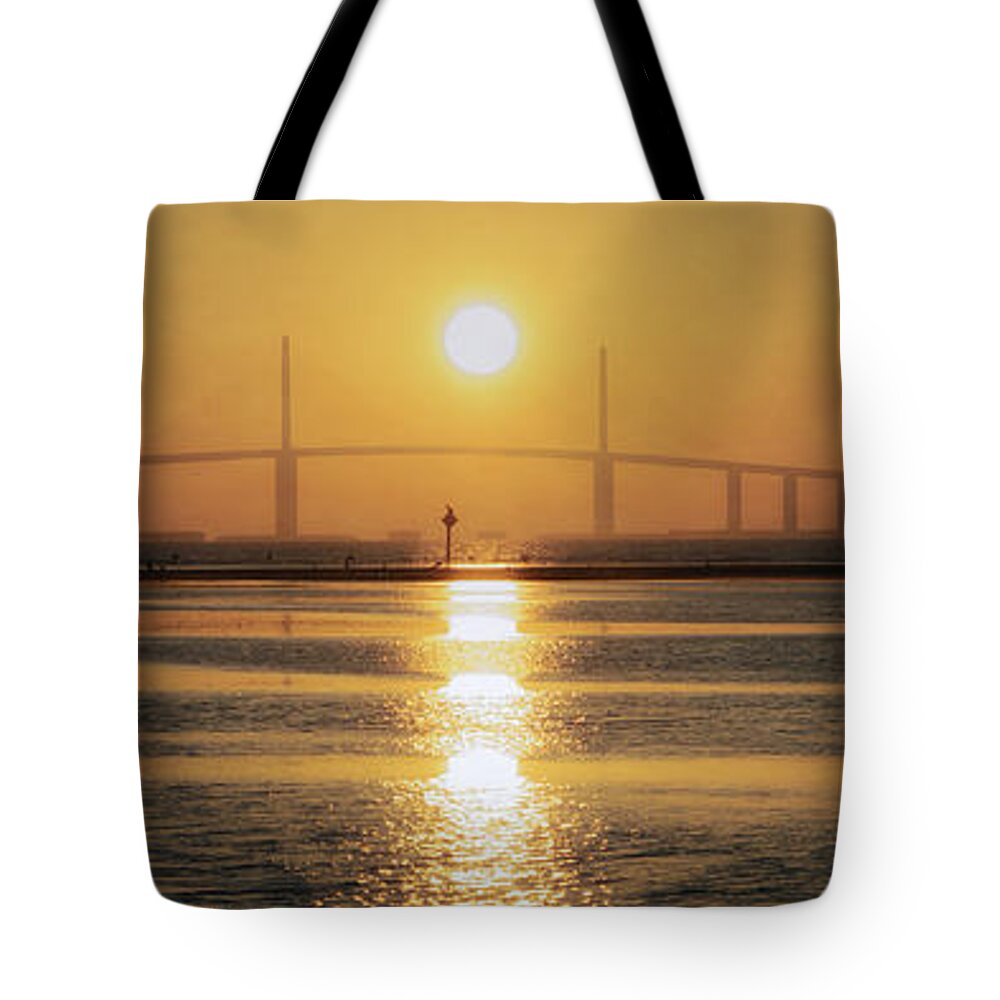 Sunshine Skyway Bridge Tote Bag featuring the photograph Sunshine Skyway Bridge Sunrise by Steven Sparks