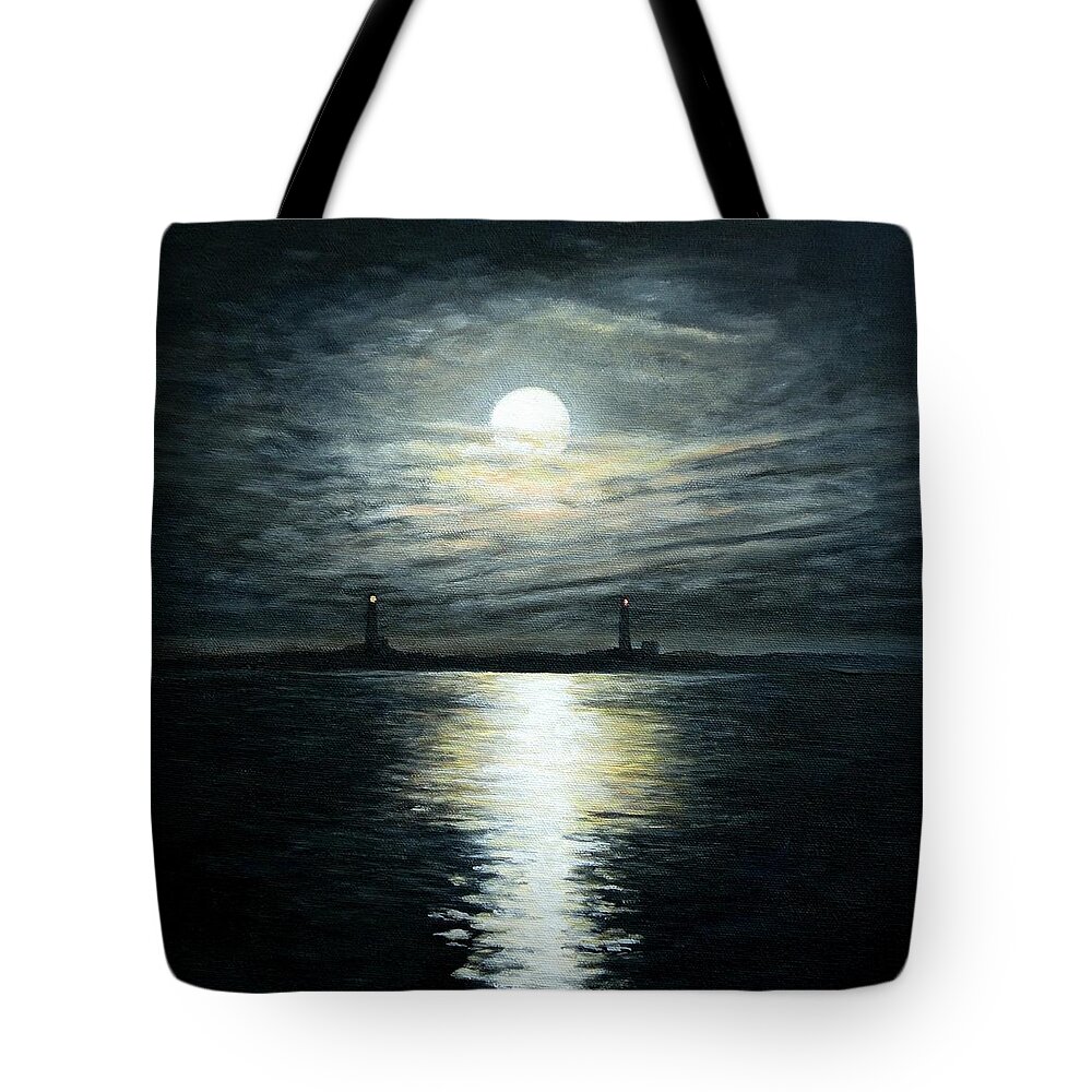 Moon Tote Bag featuring the painting Supermoon Rising over Thacher Island by Eileen Patten Oliver