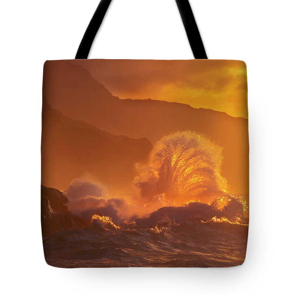 Outdoors Tote Bag featuring the photograph Surf Crashes On The Na Pali Coast by Carl Johnson