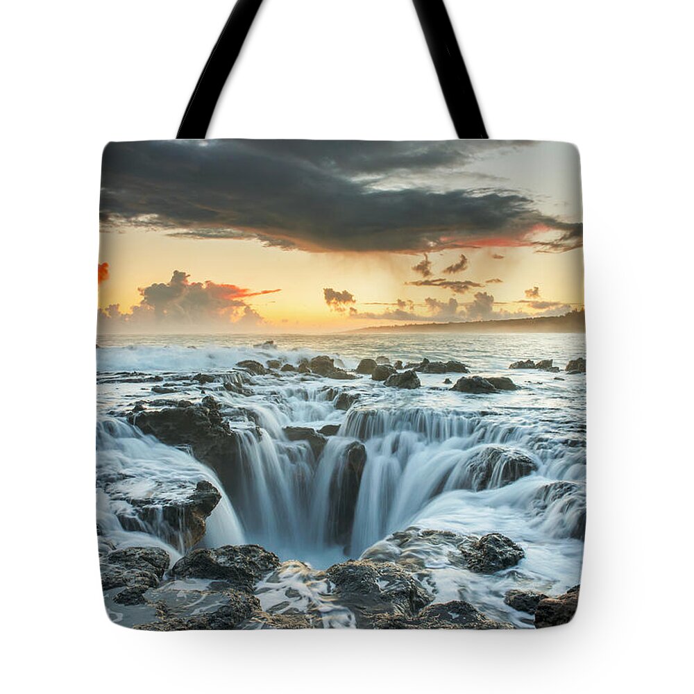 Coast Tote Bag featuring the photograph Surf Spills Into A Hole In A Rock by Carl Johnson