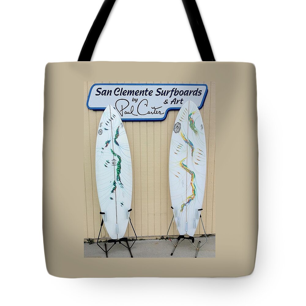 Surfboardsprint Tote Bag featuring the painting Surfboards in San Clemente by Paul Carter