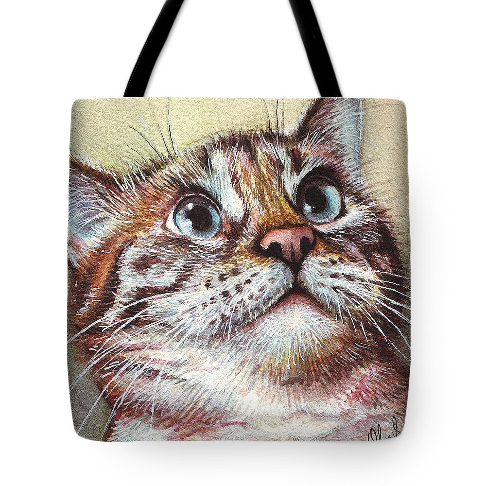 Kitty Tote Bag featuring the painting Surprised Kitty by Olga Shvartsur