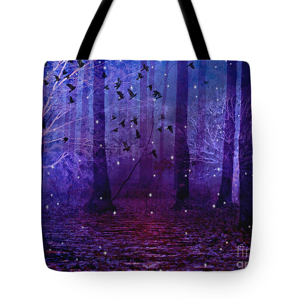 Purple Surreal Nature Tote Bag featuring the photograph Surreal Fantasy Starry Night Purple Woodlands - Purple Blue Fantasy Nature Fairy Lights by Kathy Fornal