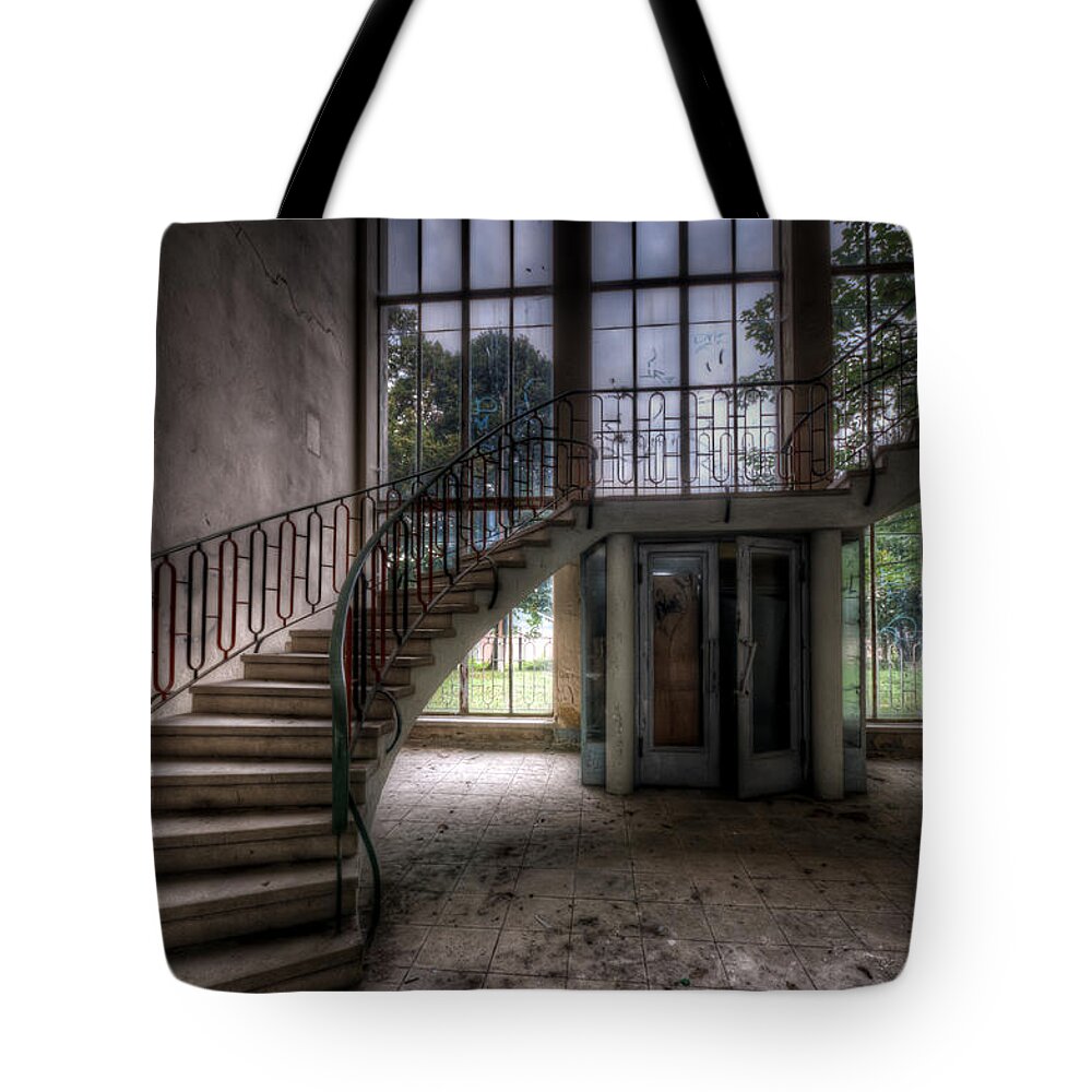Building Tote Bag featuring the digital art Sweeping stairs by Nathan Wright