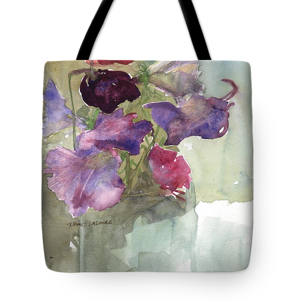 Sweetpeas Tote Bag featuring the painting Sweetpeas 3 by David Ladmore