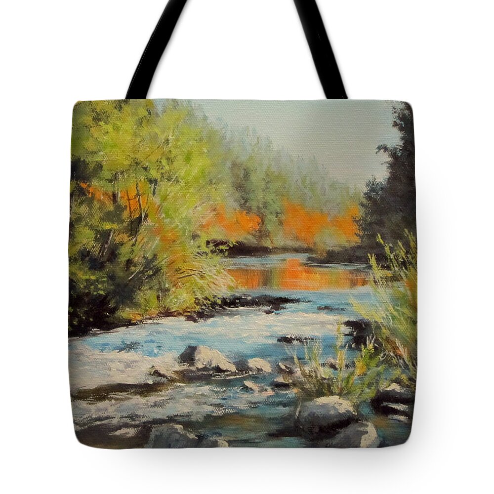 Original Tote Bag featuring the painting Swiftwater Autumn by Karen Ilari