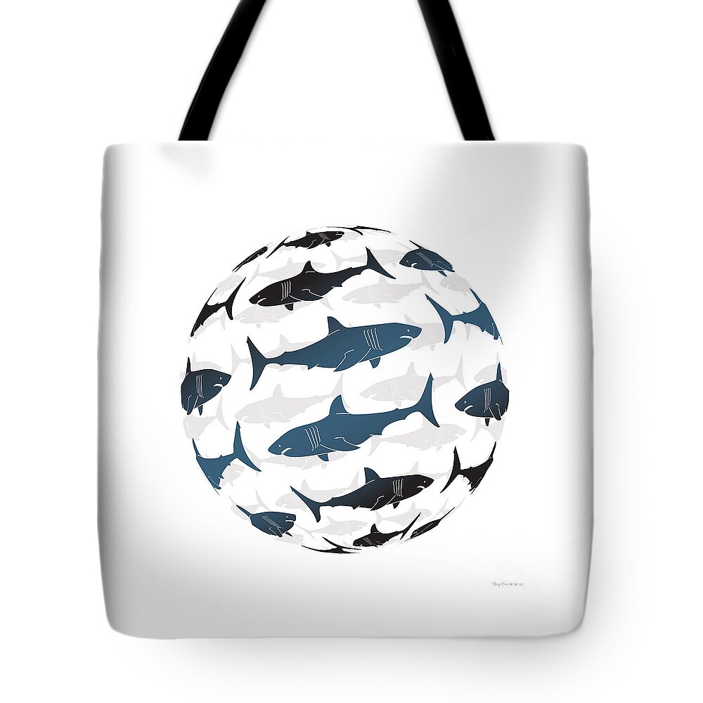 Shark Tote Bag featuring the painting Swimming Blue Sharks Around The Globe by Amy Kirkpatrick