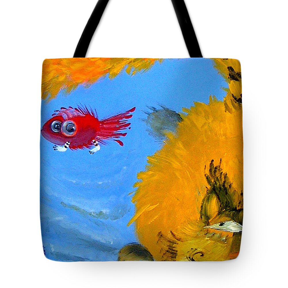 Animals Tote Bag featuring the painting Swimming of a Yellow Cat by Marina Gnetetsky