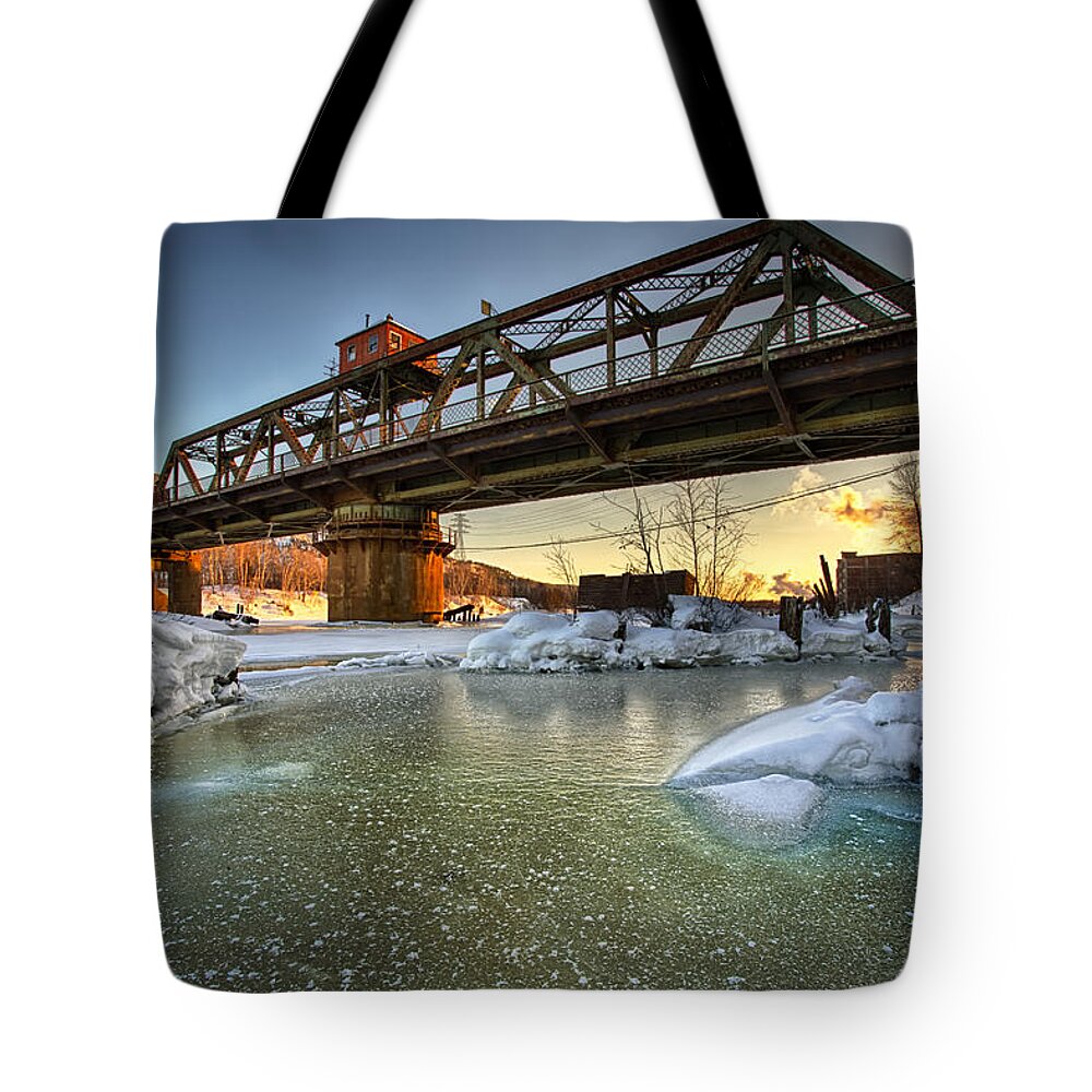 Architecture Tote Bag featuring the photograph Swing Bridge Frozen River by Jakub Sisak