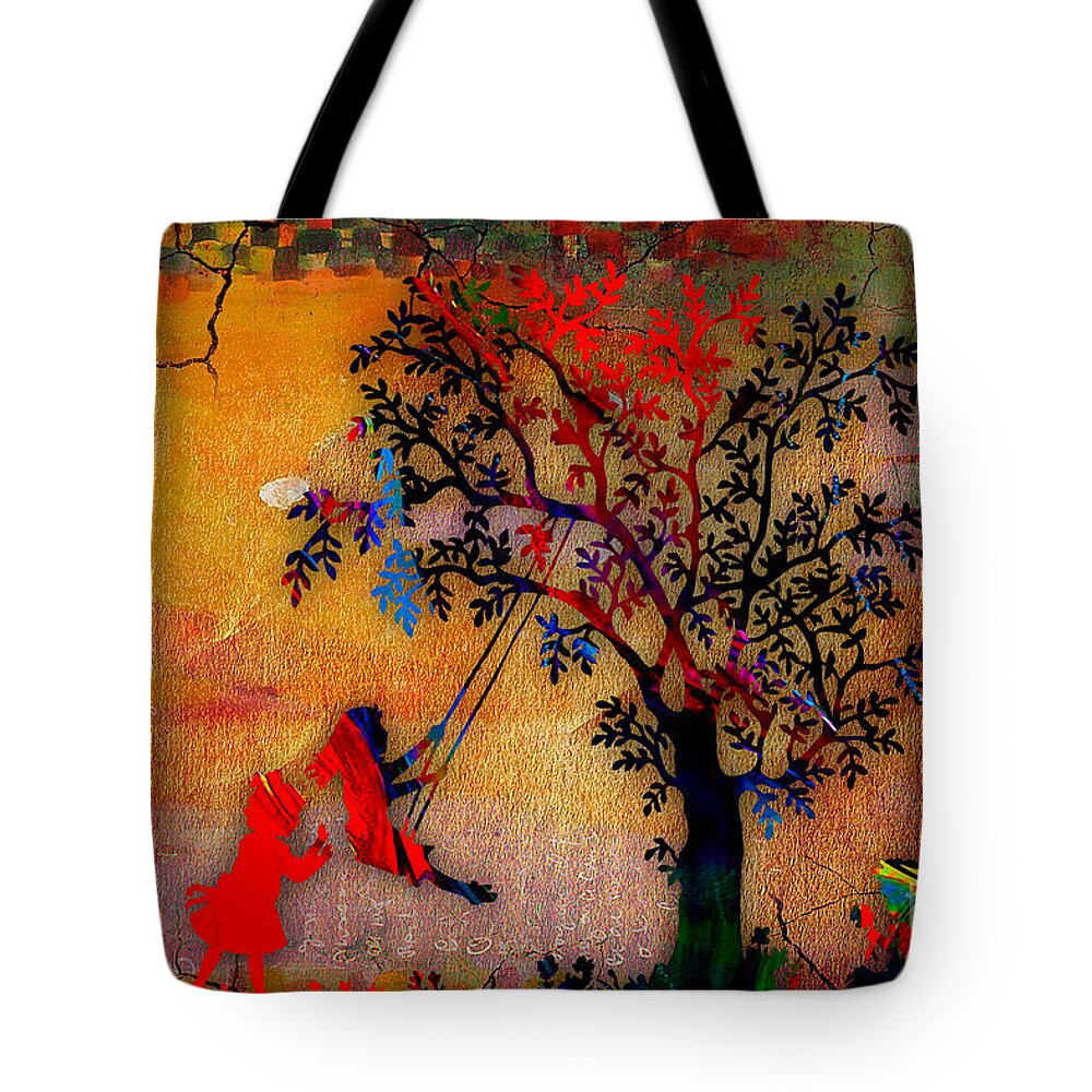 Sunset Tote Bag featuring the mixed media Swinging On A Tree by Marvin Blaine