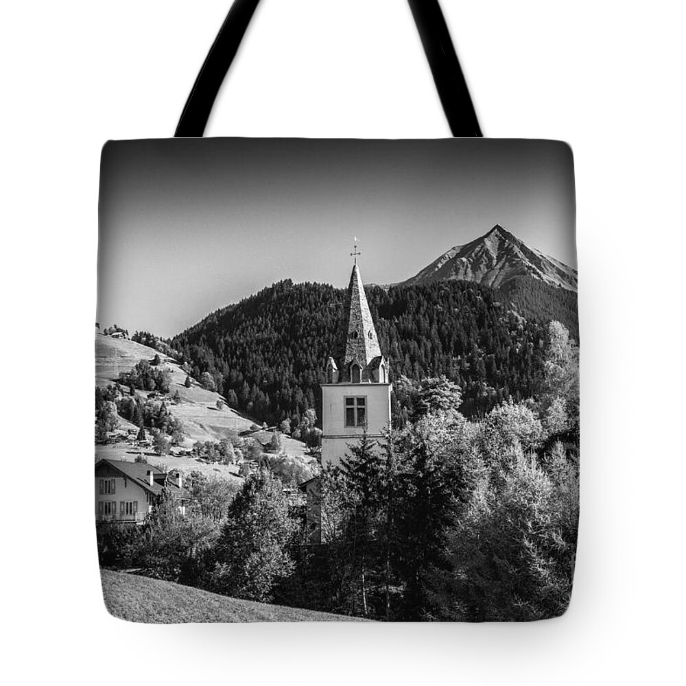 Leysin Tote Bag featuring the photograph Swiss Scene BW by Timothy Hacker