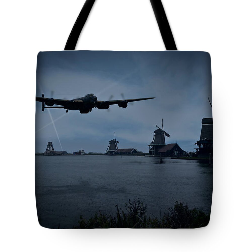 Avro Lancaster Tote Bag featuring the photograph Dambusters Lancaster T for Tommy en route to the Sorpe by Gary Eason