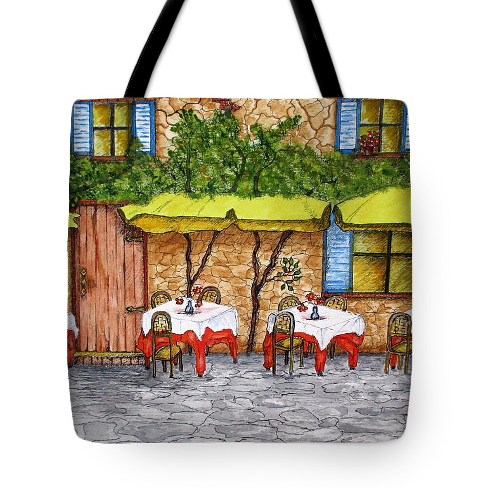 Tuscan Tote Bag featuring the painting Table for Three by Ashley Goforth