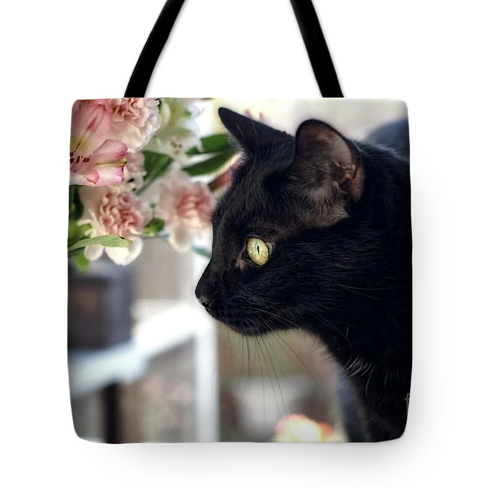 Black Cat Tote Bag featuring the photograph Take Time To Smell The Flowers by Peggy Hughes