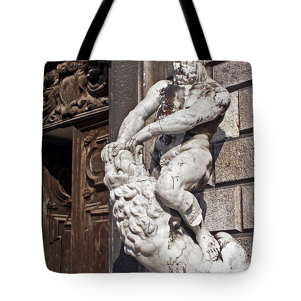 Statue Of Nude Man And Lion Tote Bag featuring the photograph Taken by Force by Jennifer Robin