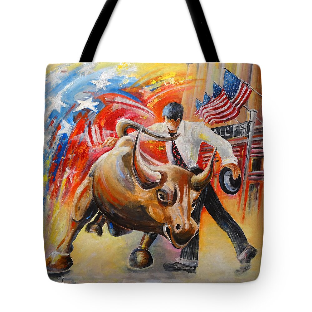 Expressionism Tote Bag featuring the painting Taking on The Wall Street Bull by Miki De Goodaboom
