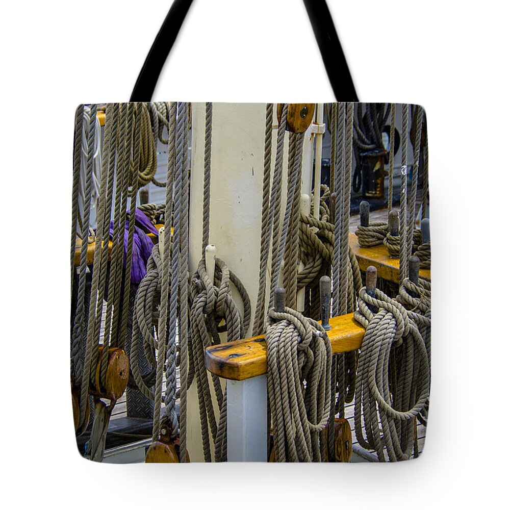 Tall Ship Lines Tote Bag featuring the photograph Tall Ship Lines and Blocks by Dale Powell