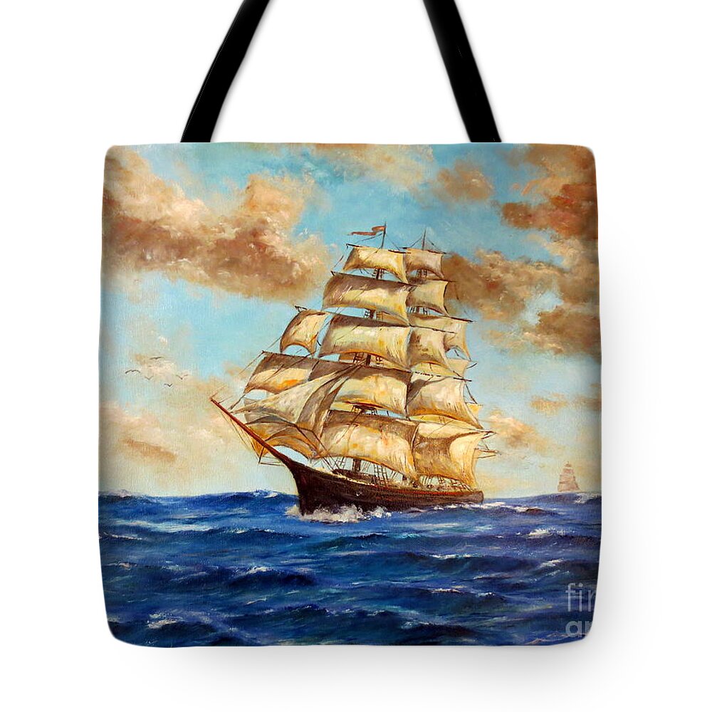 Lee Piper Tote Bag featuring the painting Tall Ship On The South Sea by Lee Piper