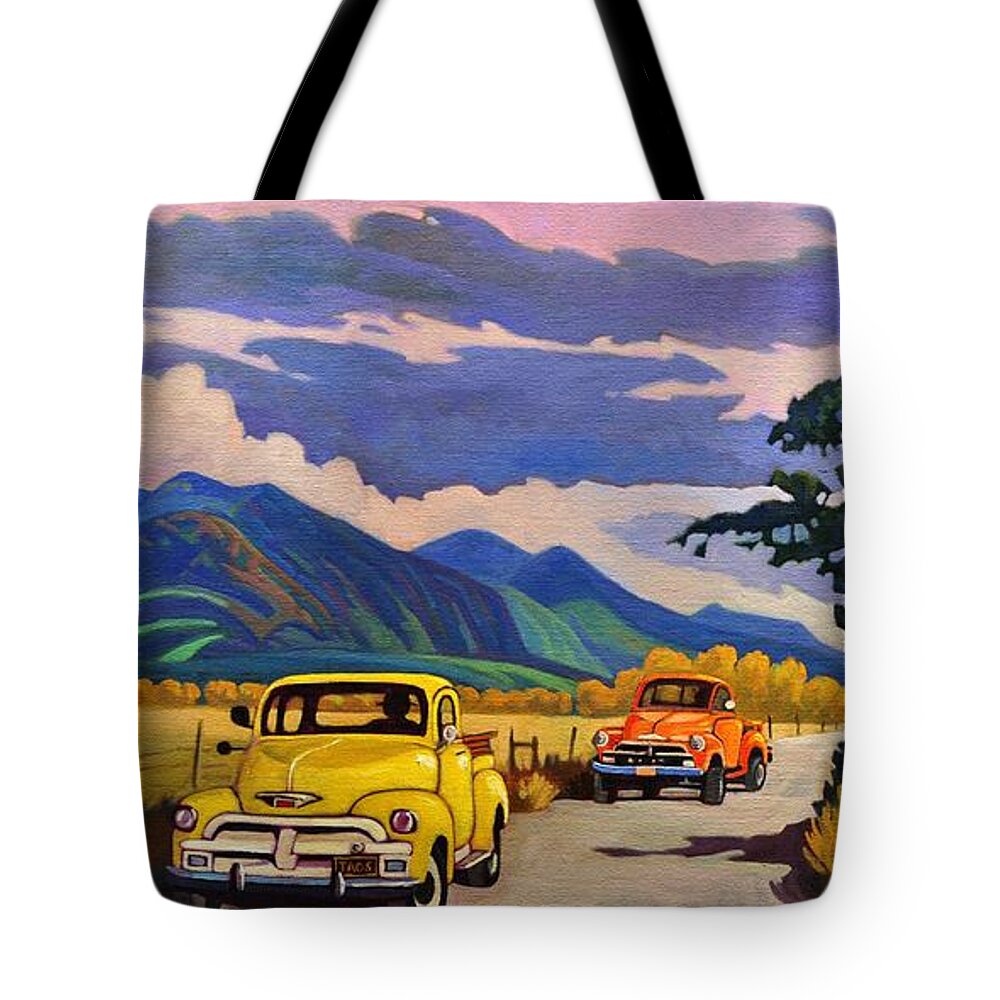 Vintage Tote Bag featuring the painting Taos Joy Ride with Yellow and Orange Trucks by Art West