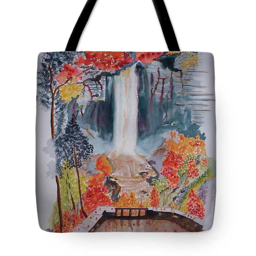 Taughannock Falls Tote Bag featuring the painting Taughannock Falls NY in Autumn by Warren Thompson