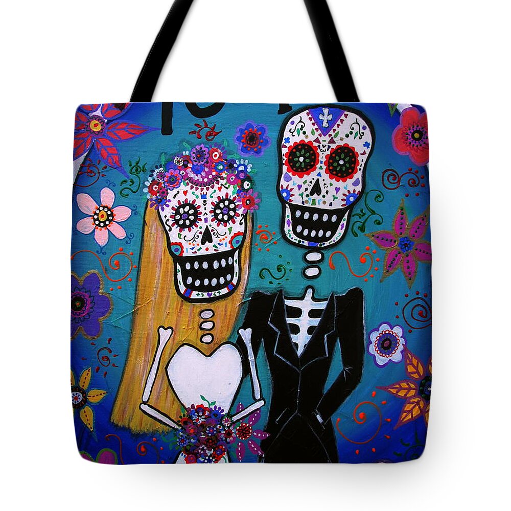 Wedding Couple Day Of The Dead Dia De Los Muertos Anniversary Gift Te Amo Prisarts Pristine Cartera Turkus Bride Flowers Blooms Love Mexican Art Folk Town For Sale Original Blond Lady Bride And Groom Heart Outdoor Beach Affair Love Special Day Tote Bag featuring the painting Te Amo Wedding Dia De Los Muertos by Pristine Cartera Turkus