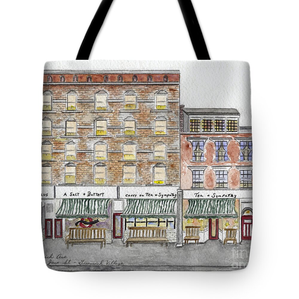 Greenwich Avenue Greenwich Village Nyc A Salt And Battery Tea And Sympathy Tote Bag featuring the painting Tea n Sympathy and A Salt n Battery by AFineLyne