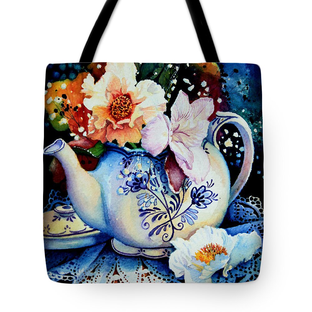 Teapot Posies And Lace Painting Tote Bag featuring the painting Teapot Posies And Lace by Hanne Lore Koehler