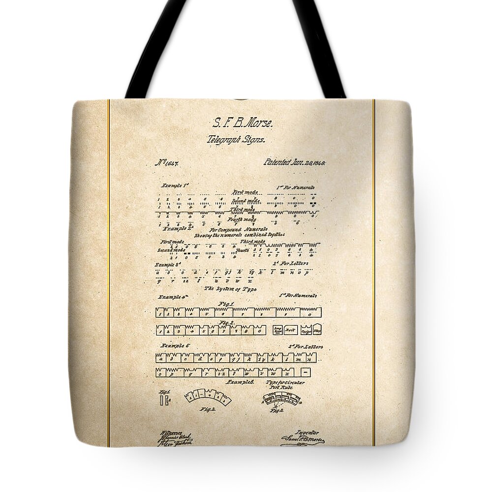 C7 Vintage Patents And Blueprints Tote Bag featuring the digital art Telegraph Signs by S.F.B. Morse - Morse Code - Vintage Patent Document by Serge Averbukh