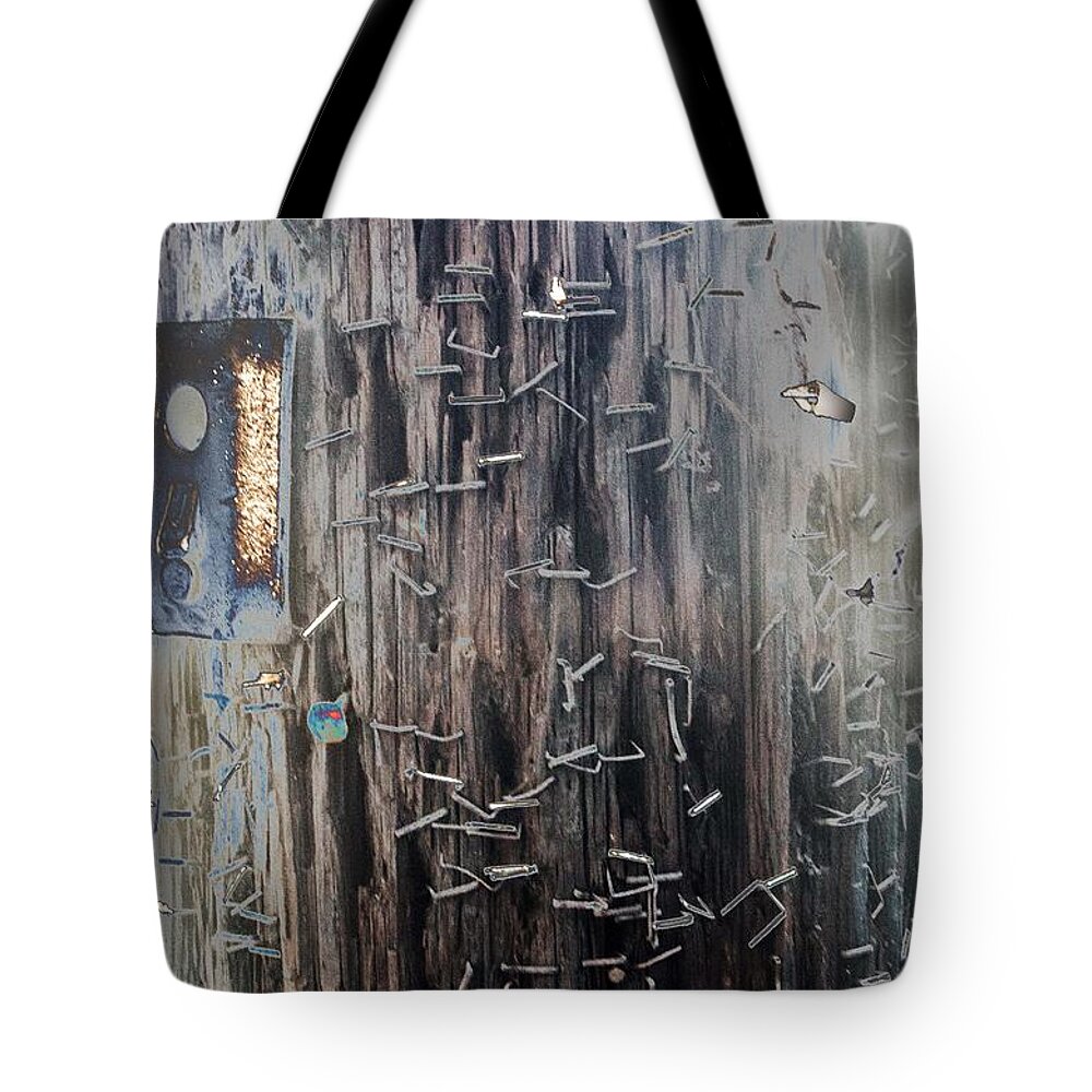 Abstract Tote Bag featuring the photograph Telephone Pole with Scars from the past by Denise Dube
