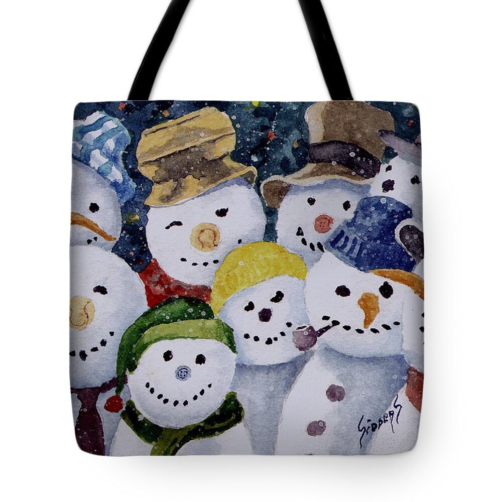 Snowmen Tote Bag featuring the painting Ten Little Snowmen by Sam Sidders