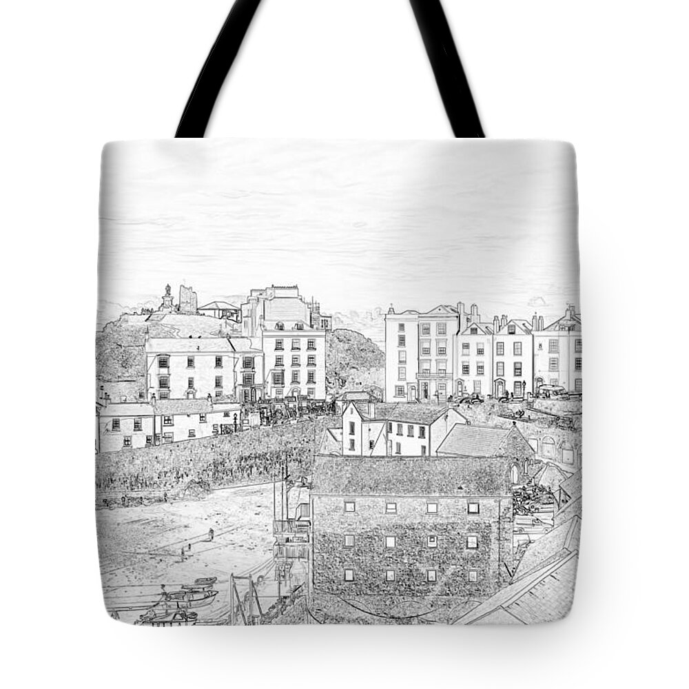 Tenby Tote Bag featuring the photograph Tenby Harbour Pencil Sketch 5 by Steve Purnell