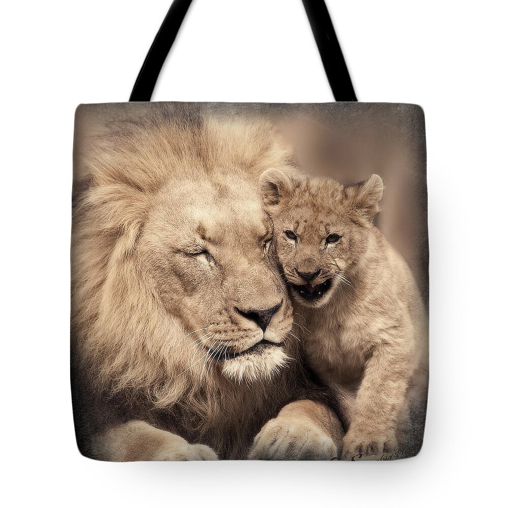 Lion Tote Bag featuring the photograph Tenderness by Christine Sponchia