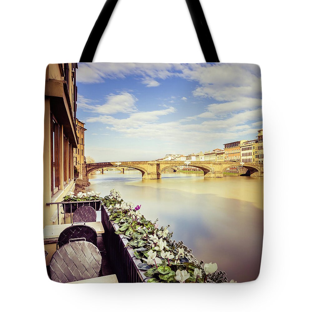 Viewpoint Tote Bag featuring the photograph Terrace Over Arno River In Florence by Giorgiomagini