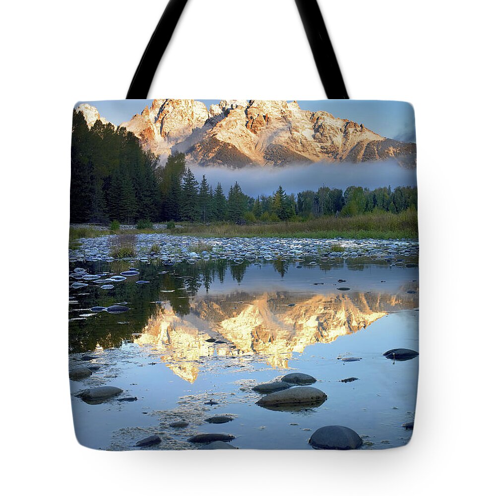 Feb0514 Tote Bag featuring the photograph Teton Range Reflected In Water Grand by Tim Fitzharris