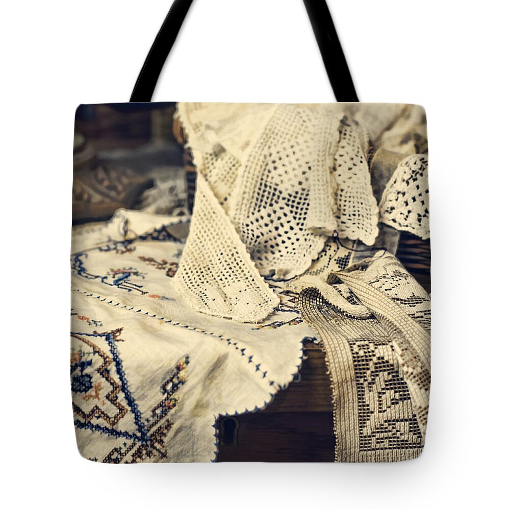 Lace Tote Bag featuring the photograph Textile Collection by Heather Applegate
