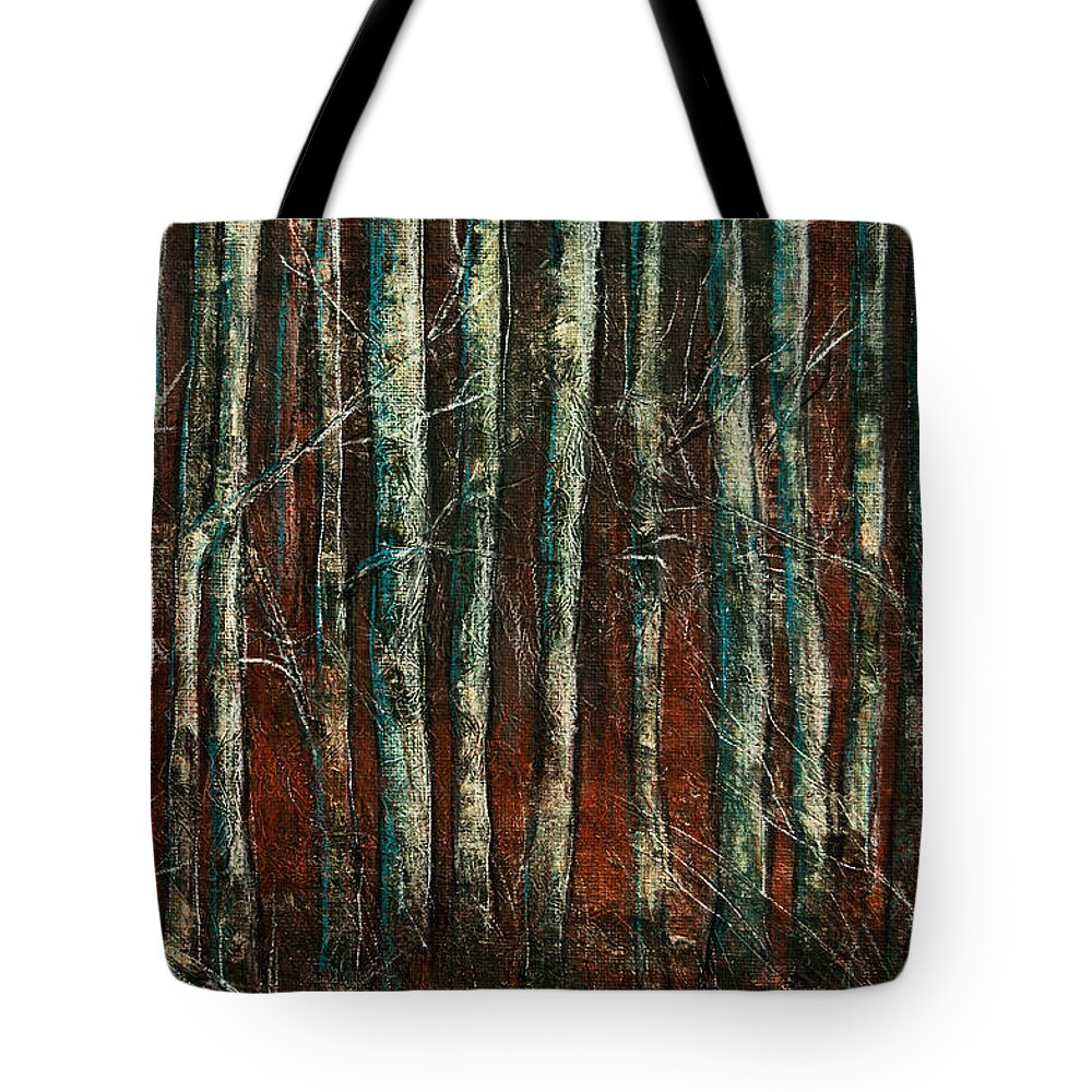 Red Willow Tote Bag featuring the painting Textured Birch Forest by Jani Freimann