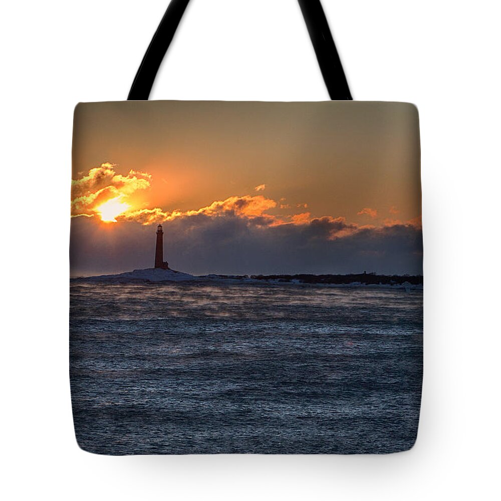 Gloucester Tote Bag featuring the photograph Thacher Island lighthouse morning dawn by Jeff Folger