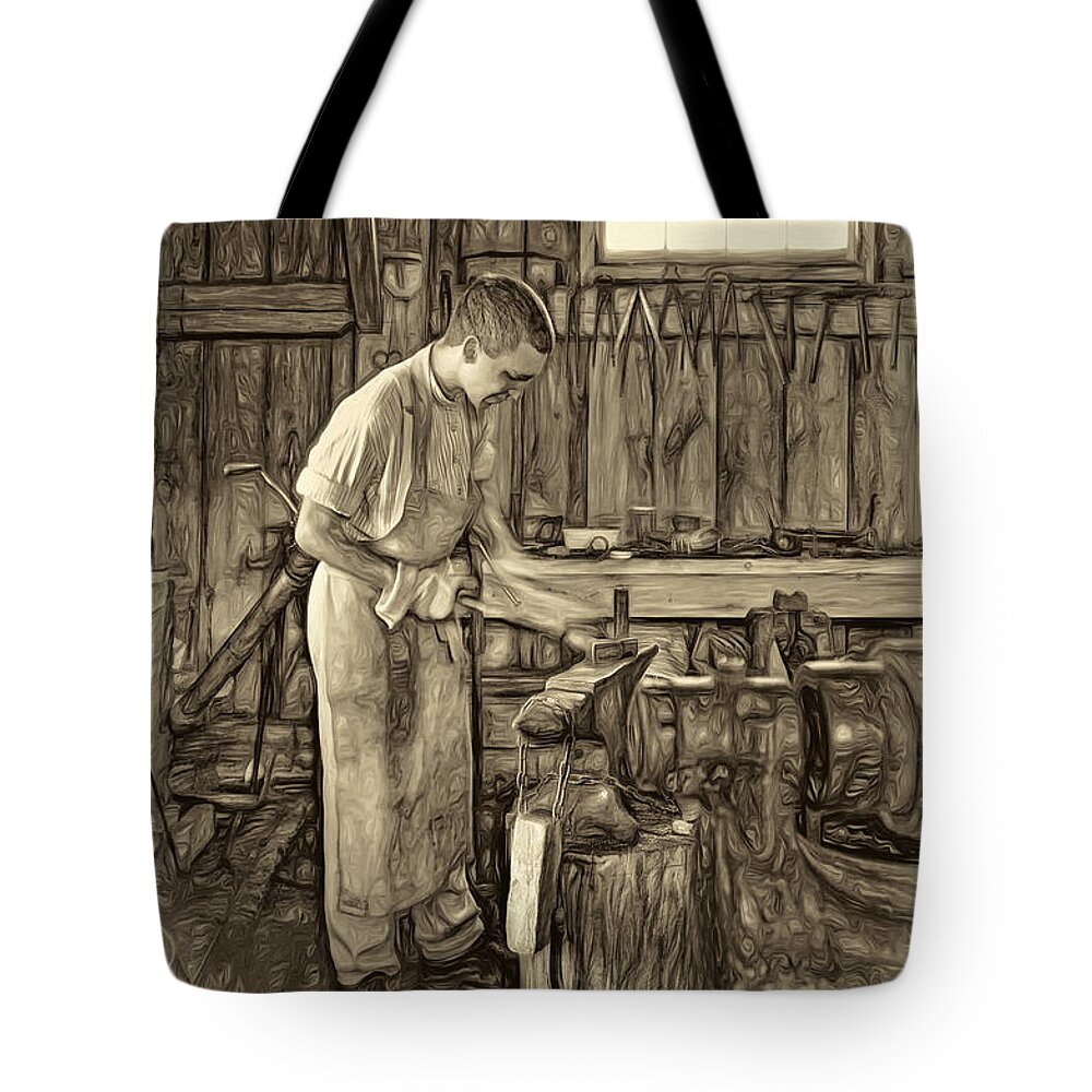 Blacksmith Tote Bag featuring the photograph The Apprentice - Paint sepia by Steve Harrington