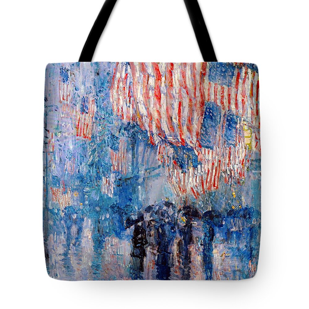 #faatoppicks Tote Bag featuring the digital art The Avenue In The Rain by Frederick Childe Hassam