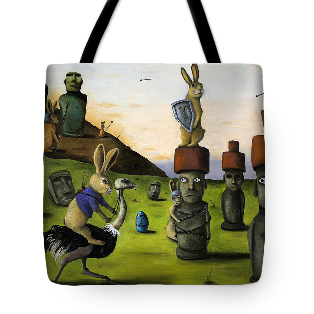  Bunny Tote Bag featuring the painting The Battle Over Easter Island by Leah Saulnier The Painting Maniac