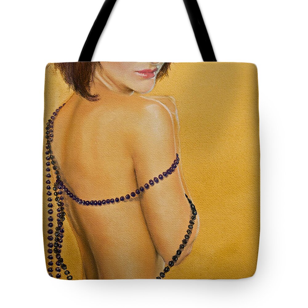 Portrait Tote Bag featuring the painting The Beaded Shawl by Jani Freimann
