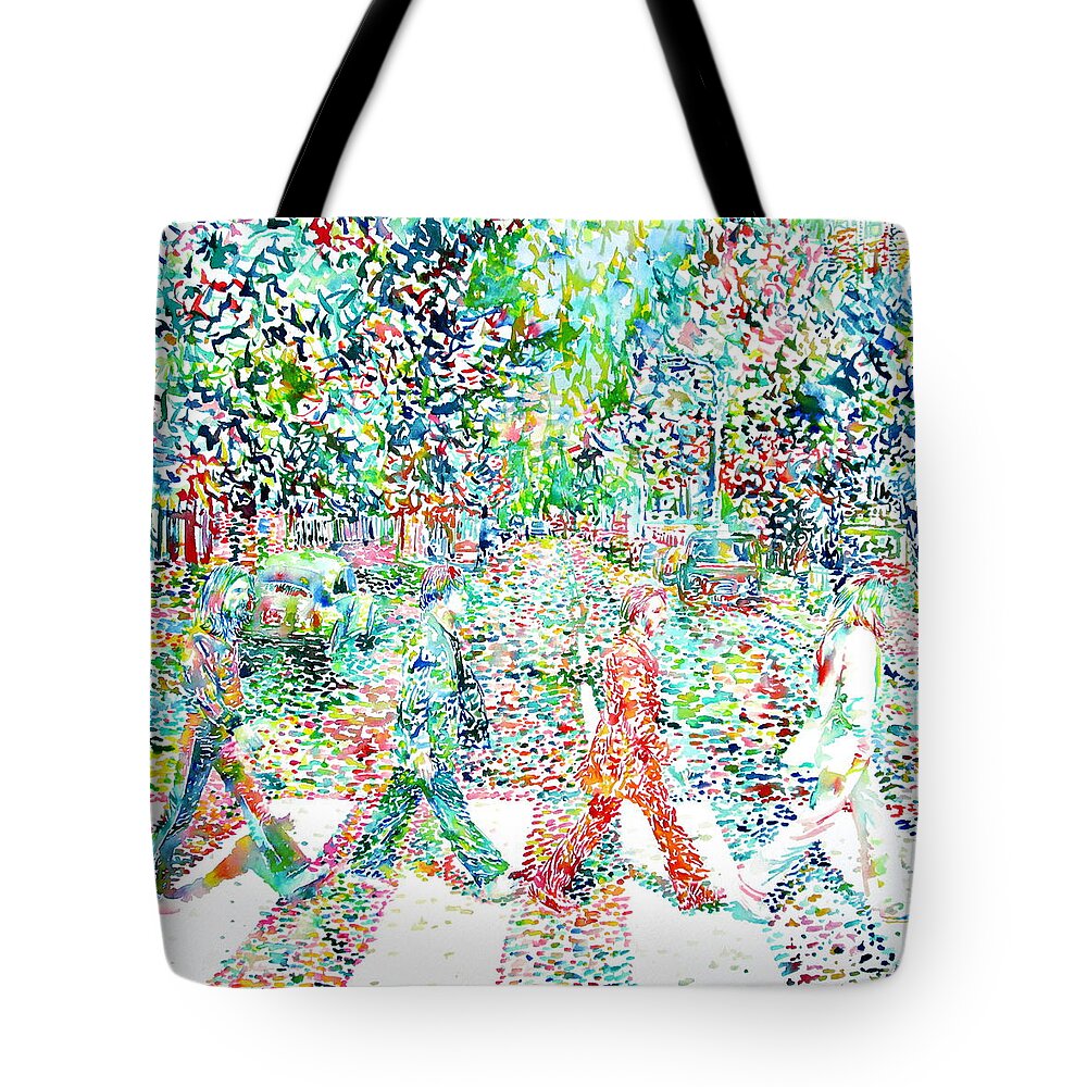 The Tote Bag featuring the painting THE BEATLES - ABBEY ROAD - watercolor painting by Fabrizio Cassetta