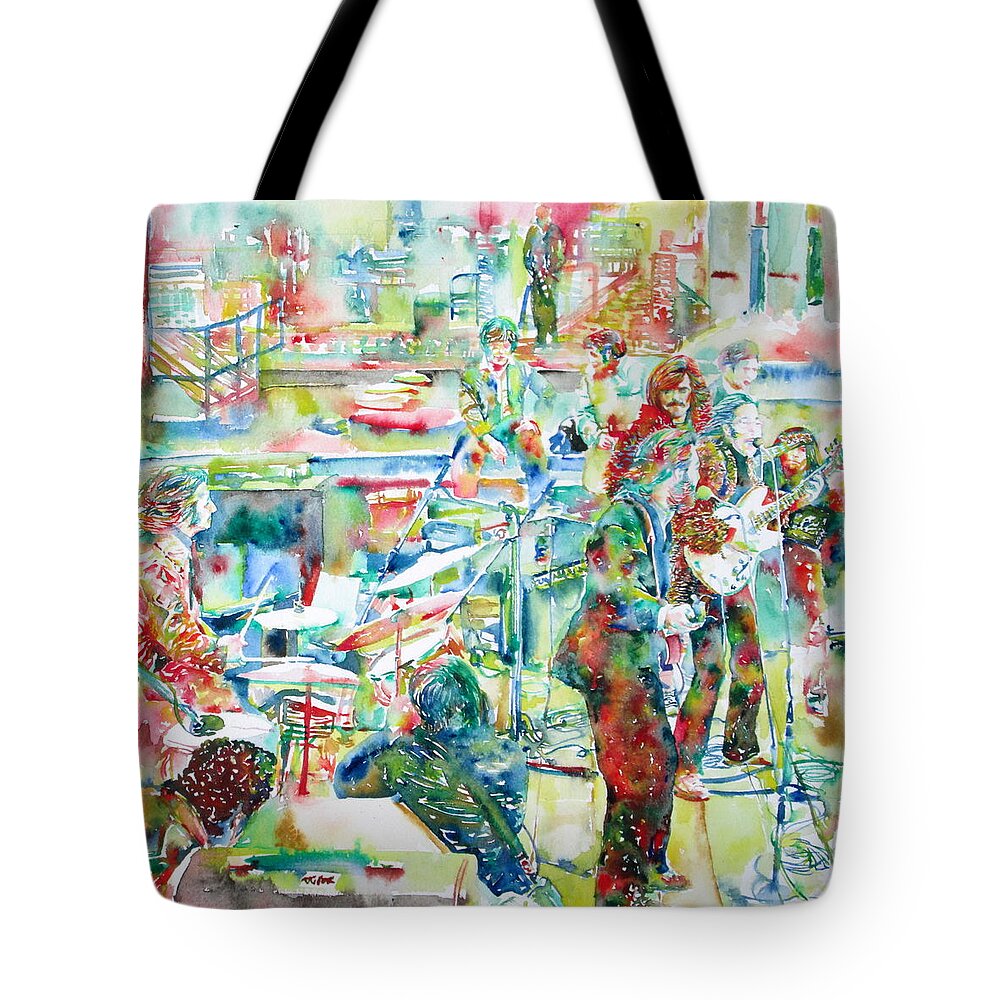 Beatles Tote Bag featuring the painting THE BEATLES ROOFTOP CONCERT - watercolor painting by Fabrizio Cassetta